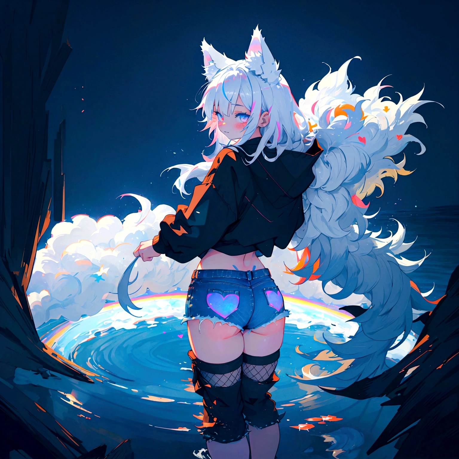 a cute adult male with wolf ears, long white hair, long locks, has a wolf tail, wearing a loose cropped black hoodie, wearing a pair of denim short shorts and fishnet stockings, thick thighs, wide hips, relaxing on mound of fluffy multi colored kawaii plushies, short, very slim, showing slender tummy, heart on hoodie, squishy thighs, has glowing blue eyes. alone, solo (ALONE)(SOLO), surrounded by rainbows, colorful galaxy backround, smiling, stretching out, water reflection, shot from behind, had a nice butt, wedgie, has wolf tail