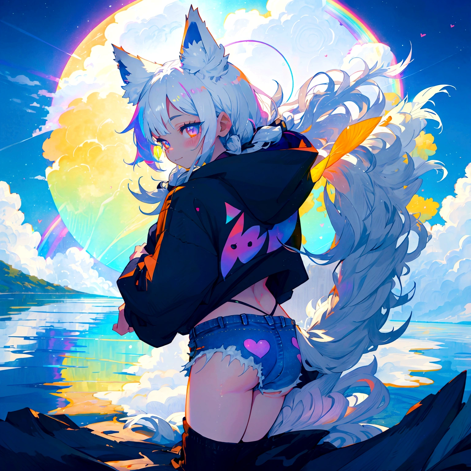 a cute adult male with wolf ears, long white hair, long locks, has a wolf tail, wearing a loose cropped black hoodie, wearing a pair of denim short shorts and fishnet stockings, thick thighs, wide hips, relaxing on mound of fluffy multi colored kawaii plushies, short, very slim, showing slender tummy, heart on hoodie, squishy thighs, has glowing blue eyes. alone, solo (ALONE)(SOLO), surrounded by rainbows, colorful galaxy backround, smiling, stretching out, water reflection, shot from behind, had a nice butt, wedgie, has wolf tail