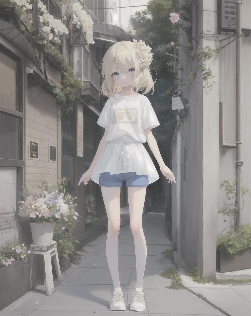 Girl with long light sandy hair ., big Blue eyes, wearing a white short t-shirt, Prominent life, Beige shorts , beige sneakers, translucent stockings, standing on the sidewalk, beautiful flowers nearby , she smiles, looks at the viewer, confused look, full length, , a slim body, masterpiece, high quality