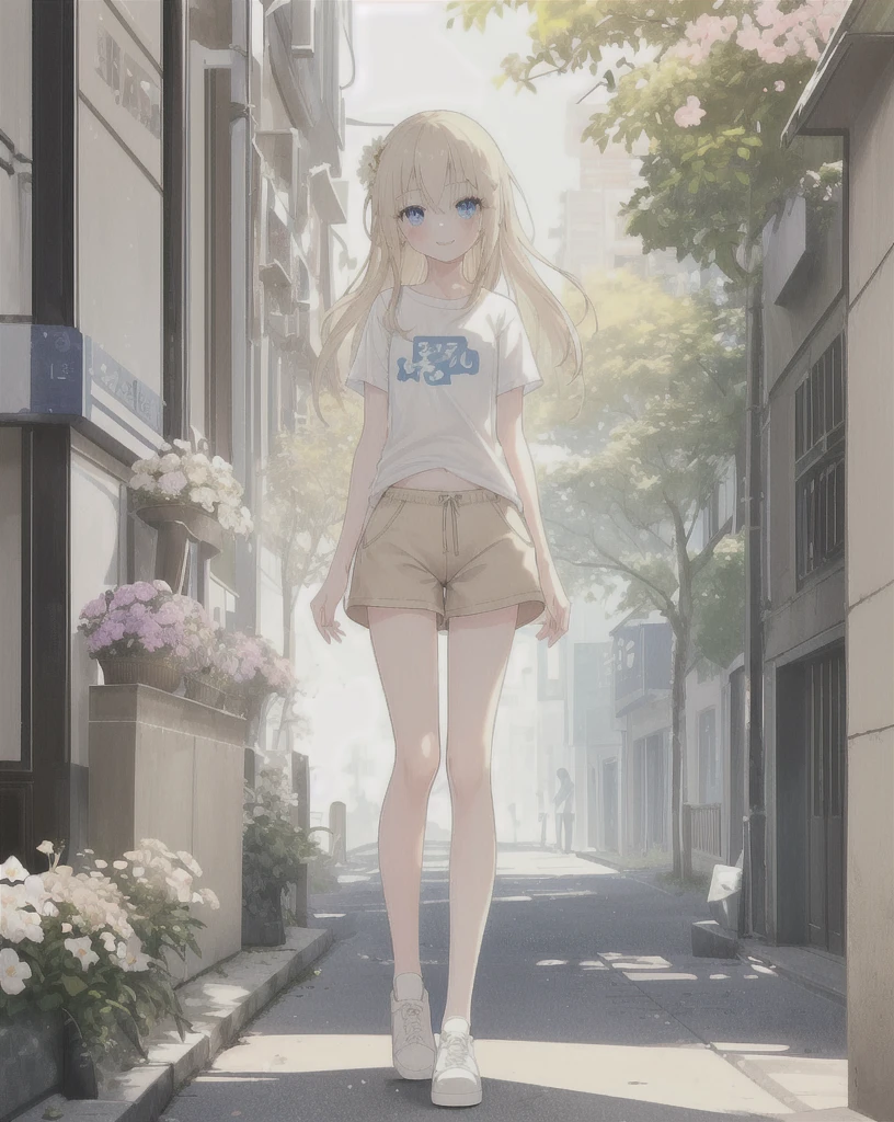 Girl with long light sandy hair ., big Blue eyes, wearing a white short t-shirt, Prominent life, Beige shorts , beige sneakers, translucent stockings, standing on the sidewalk, beautiful flowers nearby , she smiles, looks at the viewer, confused look, full length, , a slim body, masterpiece, high quality