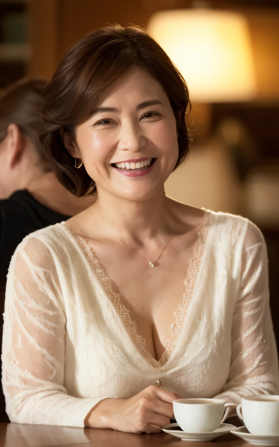 8k wallpaper, masterpiece, Highest quality, Super detailed, One Mature Woman, 50 years old, Become very clear, Wearing a short-sleeved knit, Skin dents, Captivating smile, Looking at the audience, Cleavage, plump, Curvaceous, Fascinating face, Smiling with teeth showing, I was happy, Sitting in a cafe, Background Blur