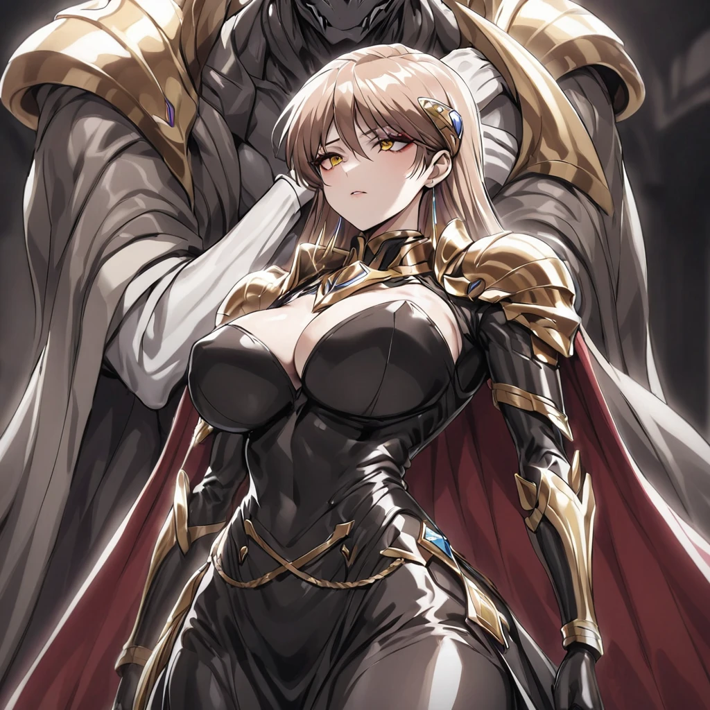 ((Highest quality)), ((masterpiece)), (detailed), （Perfect Face）、The woman is Princess Leona, with medium-long light brown hair, wearing a shiny, flashy, sexy, revealing black dress bodysuit, an open-front skirt, a cape, a headgear, lipstick and makeup, and is an evil female executive who is standing next to a man who is the dignified boss of an evil organization.、Women are brainwashed, expressionless, and have no highlights in their eyes.、The woman is being held close by the powerful boss of an evil organization.、The powerful boss of an evil organization embraces a woman and dotes on her.