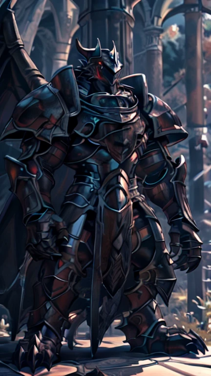 An advanced bionic mech, cybrog, anthro, dragon, male, full body, Muscle, Delicate face, Delicate eyes, 1 tail, (glowing LED), energy, digitigrade, outdoors, extremely detailed CG unity 8k wallpaper, realistic, masterpiece, highest quality, lens flare, unreal engine, trending on ArtStation, Intricate, High Detail, dramatic, realism, beautiful and detailed lighting, shadows, black scales, rubber goo body, wings, evil looking, crimson glowing eyes, black armor, futuristic armor, heavy armor, snout-cover armored mask, muscular wings, bodybuilder-like physique, muscule-shaped armor, evil master