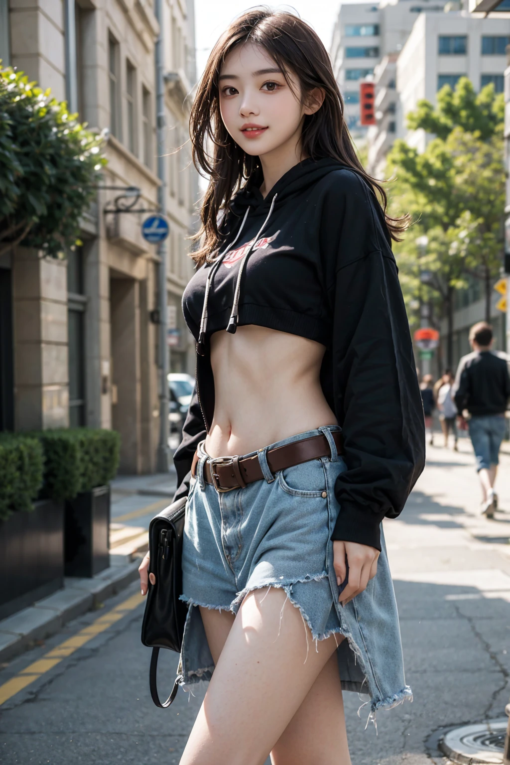 1girl, solo, long hair, breasts, looking at viewer, brown hair, black hair, long sleeves, belly open, belly exposed,navel, standing, Hoodies, cowboy shot, outdoors, parted lips, midriff, low-rise,belt, hood, blurry, lips, black midriff down jacket, fur trim, depth of field, summer street background,light_smile, 21yo girl,