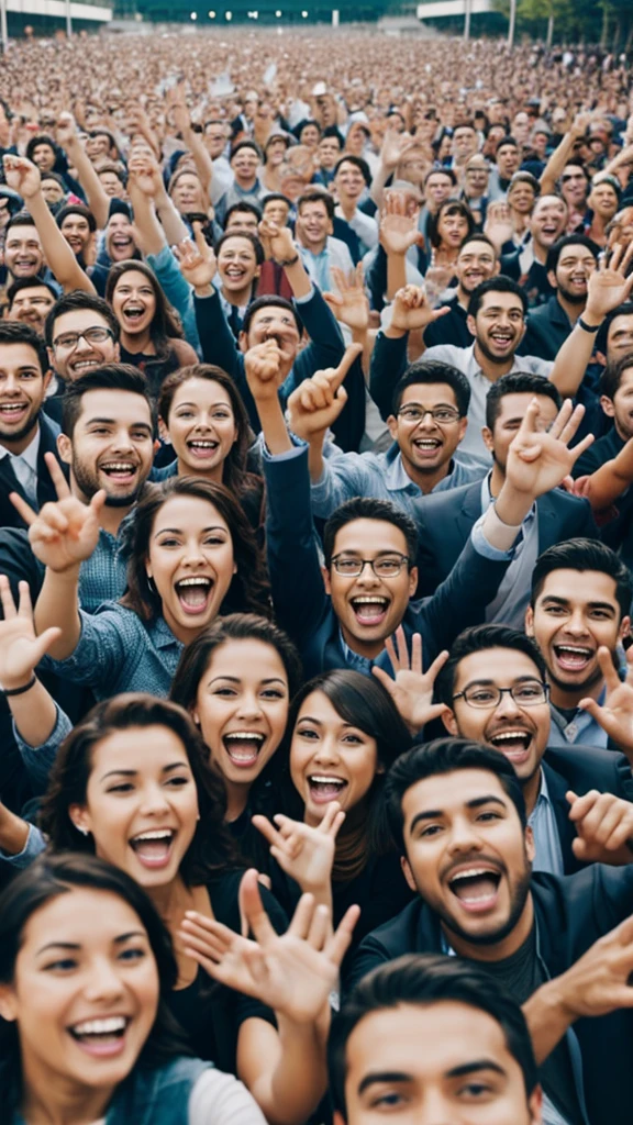 A large group of people happy because of technology 