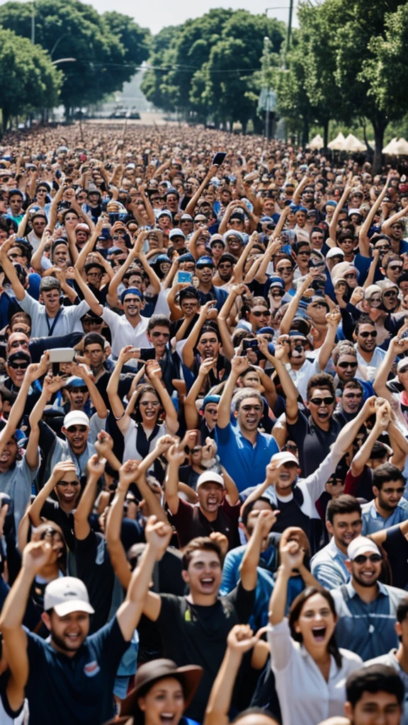 A large group of people happy because of technology
