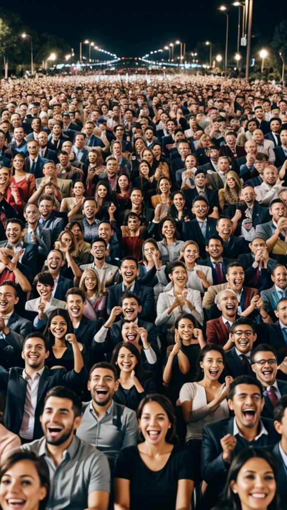 A large group of people happy because of technology