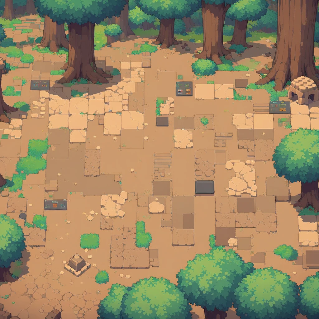 retro video game style,pixelated, vibrant pastel colors,8-bit characters,blocky shapes,sharp lines,detailed shading,classic gaming vibe,nostalgic atmosphere,classic arcade games,masterpiece:1.2,ultra-detailed,illustration style, 2d texture, clay texture, stone texture, 4 k seamless mud texture, video game texture, dirt texture, tileset, game tiles, clay material, flat texture, grass, trees, rock texture, rocky ground, forest, topdown view, game texture, game art, ground very detailed, dirt, floor texture, tileable texture, flowers, bushes, shrubs, intricate ground stone, top down view, 3/4th perspective