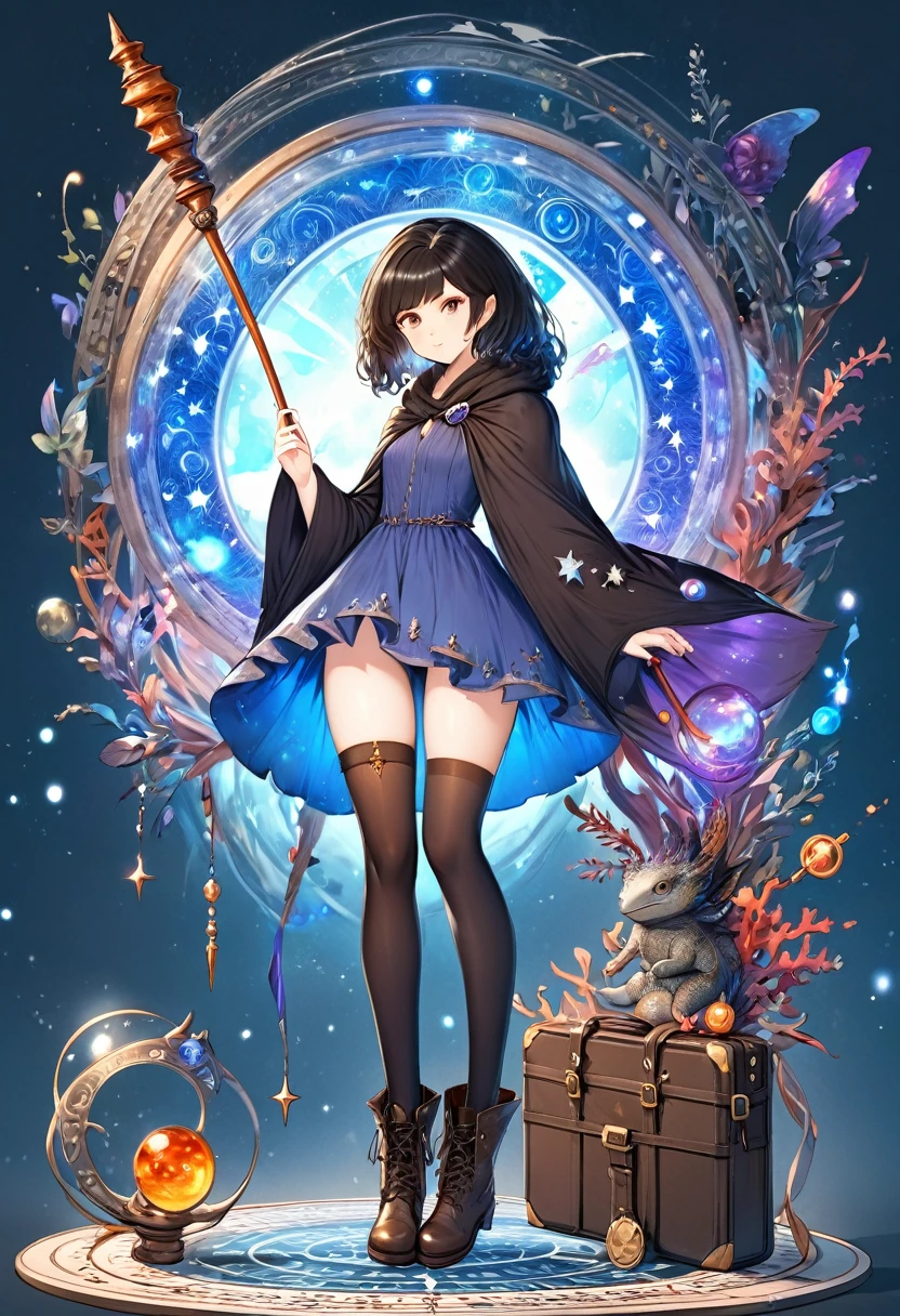 A beautiful witch in the style of Studio Ghibli, 1.55 tall, , medium-length black hair, light brown eyes, fair skin, wearing a knee-length transparent blue dress, black stockings and dark brown boots, a black and cinnamon cloak, a light brown handbag and a magic wand made of coral lizard. 8k image, ((highest quality)),(ultra high resolution),(Super detailed),(detailed description),((best GC)),(best artwork),super art precision,great drawing- art(Fantasy art with precise details:1.5),(witch:1.6),(and pretty cute shaped face:a 1.5),(Magic circle floating:1.6),dynamic pose:1.5,boots:1.3, magic circle, final fantasy XV style, 4K, super sexy, without panties