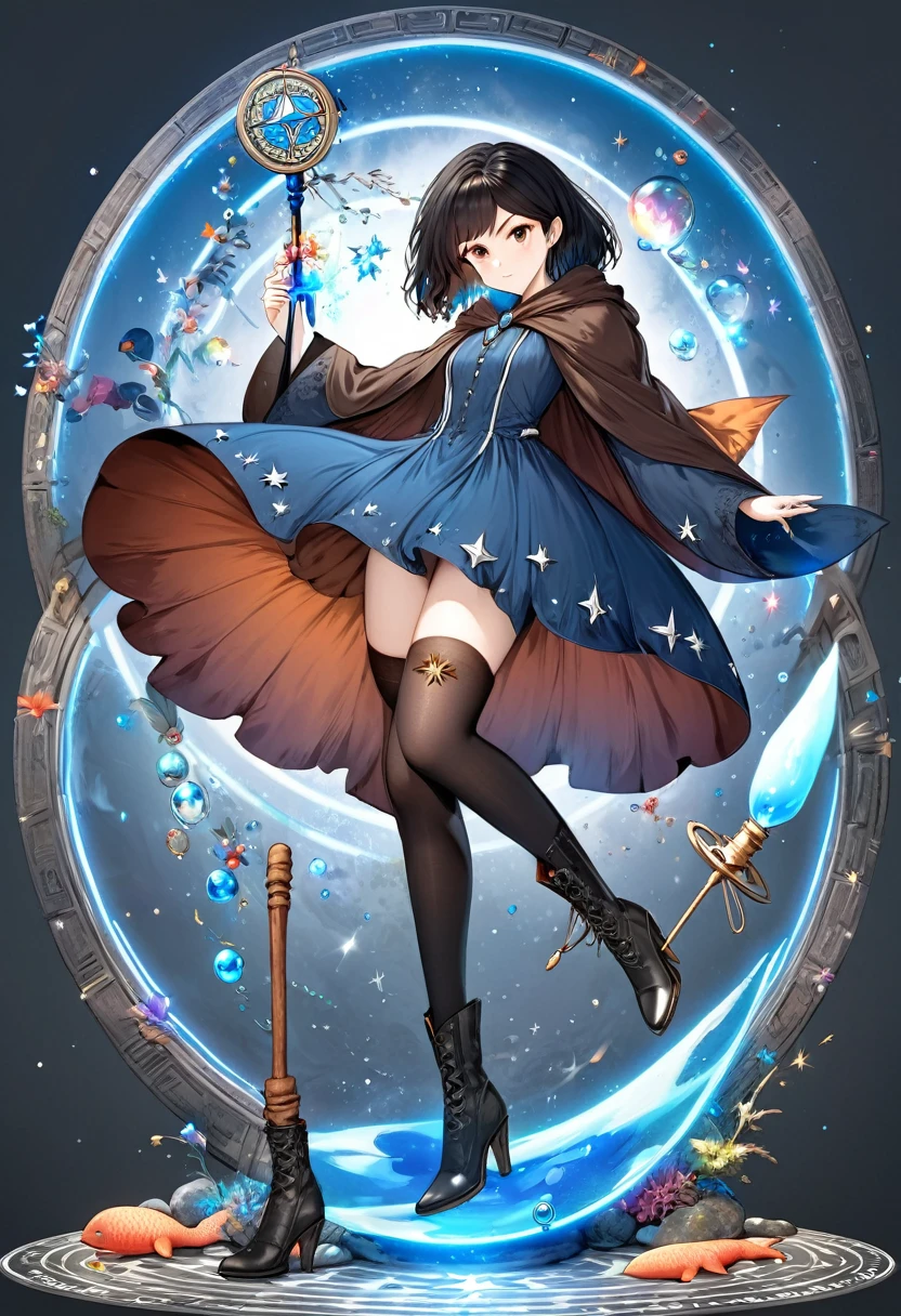 A beautiful witch in the style of Studio Ghibli, 1.55 tall, ************, medium-length black hair, light brown eyes, fair skin, wearing a knee-length transparent blue dress, black stockings and dark brown boots, a black and cinnamon cloak, a light brown handbag and a magic wand made of coral lizard. 8k image, ((highest quality)),(ultra high resolution),(Super detailed),(detailed description),((best GC)),(best artwork),super art precision,great drawing- art(Fantasy art with precise details:1.5),(witch:1.6),(and pretty cute shaped face:a 1.5),(Magic circle floating:1.6),dynamic pose:1.5,boots:1.3, magic circle, final fantasy XV style, 4K, super sexy, without panties