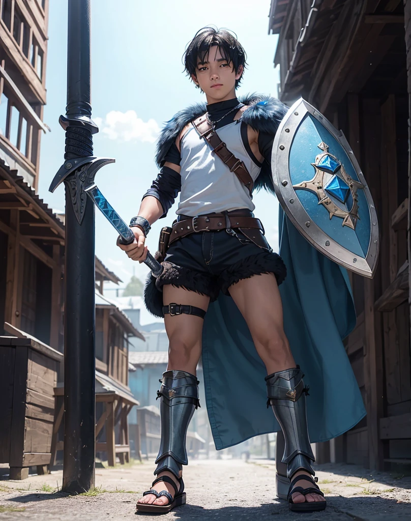 Young -yeld boith black hair and brown eyes, innocent and happy, dressed in short neon-blue medieval barbarian clothes, fur shorts, light-blue battle armor, weilding silver sword and shield, sandals; fullbody; short hair, boyish athletic, sexy,