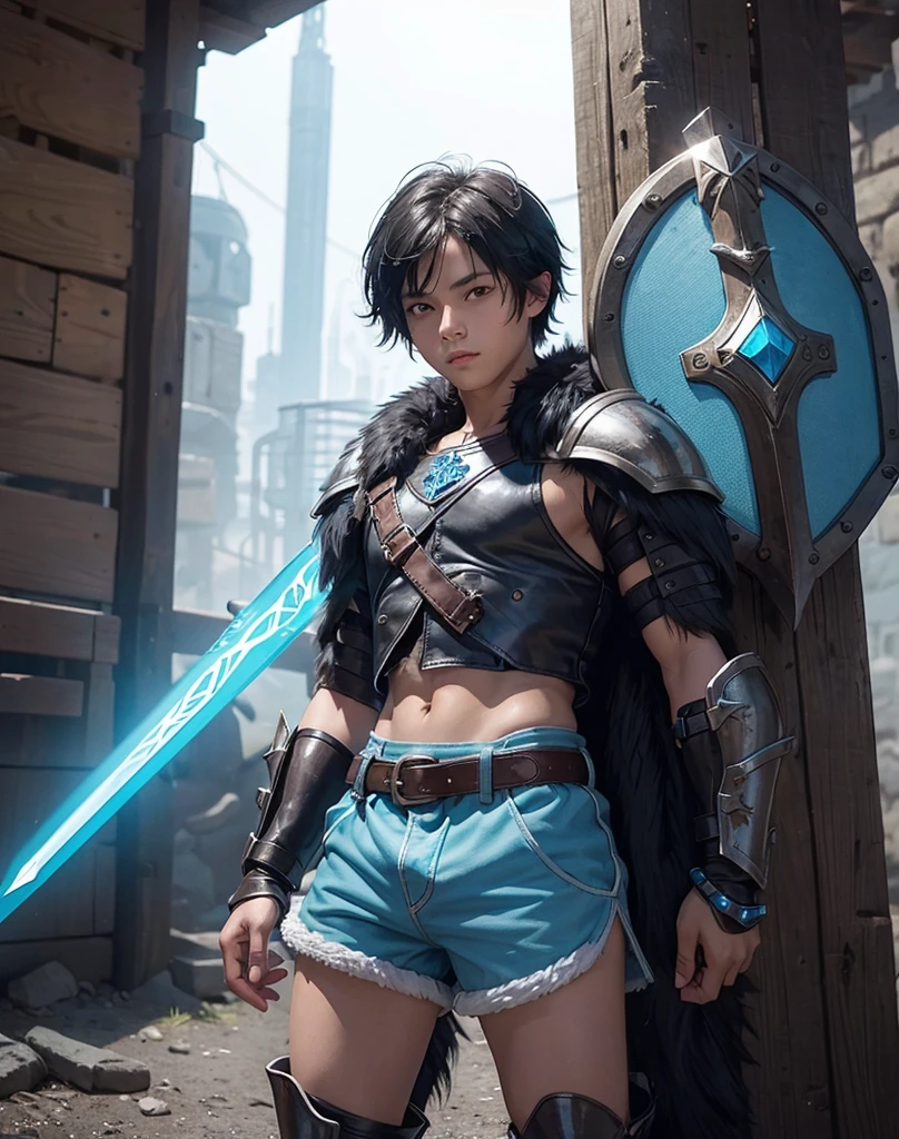 Young 13-year-old boy with black hair and brown eyes, innocent and happy, dressed in short neon-blue medieval barbarian clothes, fur shorts, light-blue battle armor, weilding silver sword and shield, sandals; fullbody; short hair, boyish athletic, sexy,