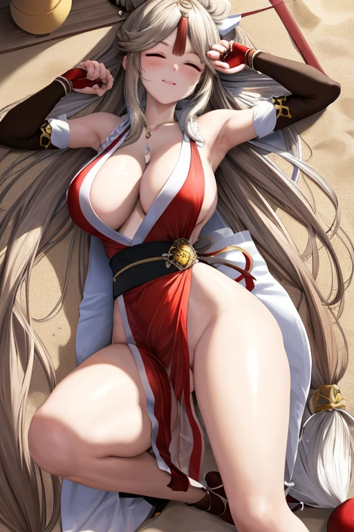 masterpiece, best quality, beautiful art, high resolution, well formed hands, body and fingers, 1 woman, solo, Ningguang , grown up, cosplaying as Mai Shiranui , adult, big breasted, cleavage full body, hair ribbon, gorgeous legs and, thighs, sexy Japanese clothes, hair ornament ,ryona,in peril, she is defeated, knocked out, passed out, closed eyes, exhausted, unconscious, laying down on the sand, extended exposed body, full body on the sand, breathing heavily, sexy smirk on her face, bouncing breasts, sexy defeated pose, defeat and KO scene, fallen beauty, martial arts tournament with beach environment