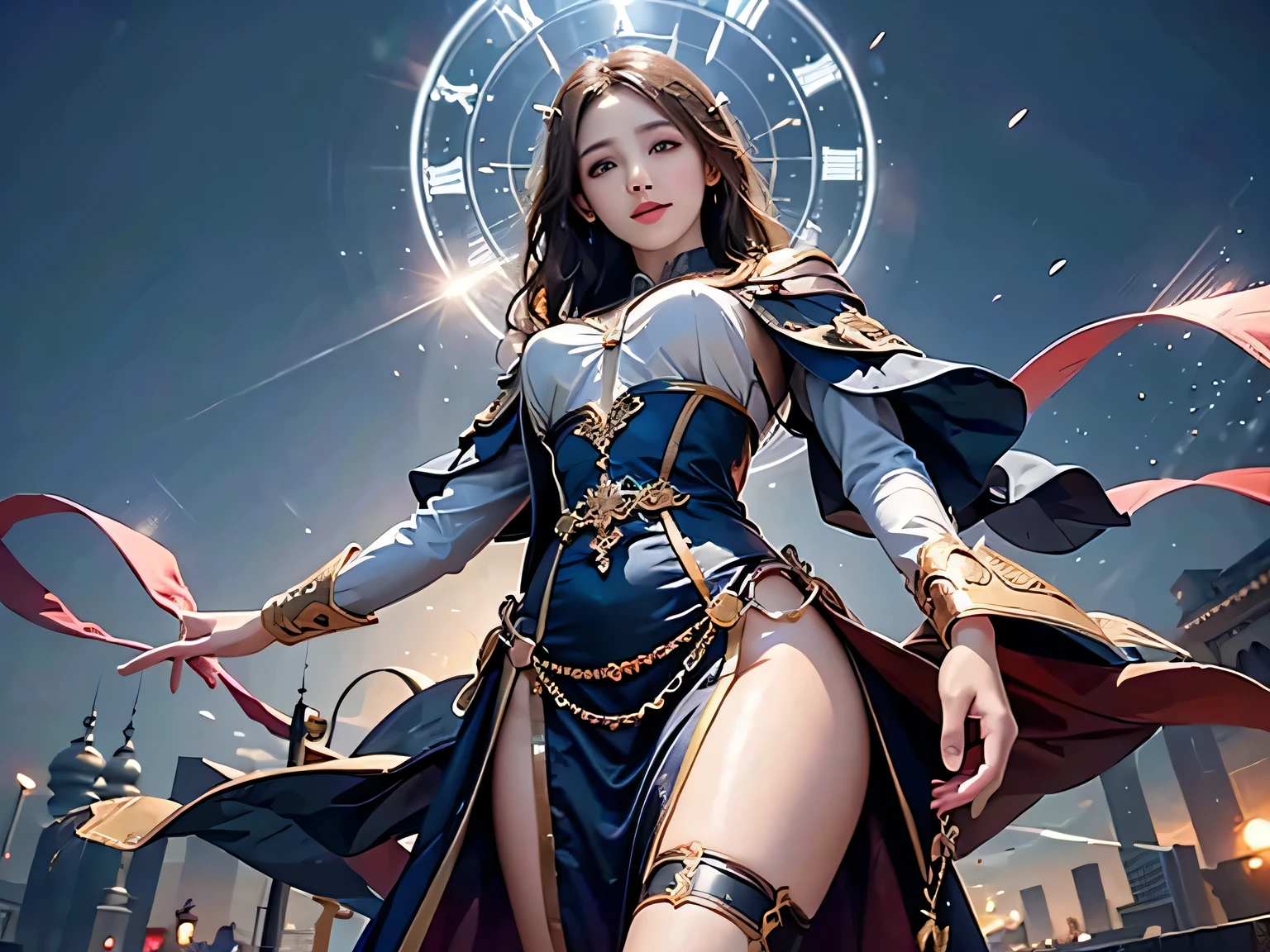 (Set the background to dawn time:1.32)、Make your audience smile、(No change in costume or pose)、(Super detailed:1.2)、(High resolution)、(Highest quality)、8K、Perfect Anatomy、[magic circle]