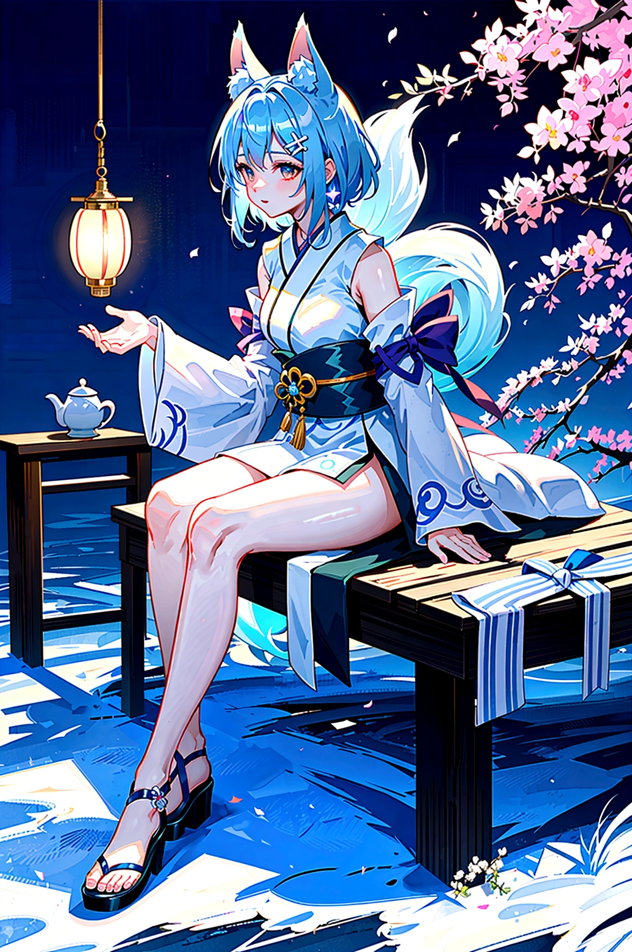 fox Light blue hair beast girl indigo fur fox beast girl fox Light blue hair beast girl indigo fur fox beast girl Wallpaper 4k,8k,highly detailled,,vivid colors,detailed kitsune with 9 tails,traditional Japanese artwork,tatami floor,beautiful cherry blossoms,floating lanterns,dark silhouette of a pagoda,subtle moonlight,dense forest,ethereal atmosphere,dappled sunlight,whimsical spirit,serene expression,elaborate kimono and obi,delicate hand-painted details,luminous eyes Anime Style fox blue White-faced golden-haired nine-tailed fox Coat blue mysterious background Blue Flame girl have a ball of light Anime Style fox blue White-faced golden-haired nine-tailed fox Coat blue mysterious background Blue Flame girl have a ball of light
