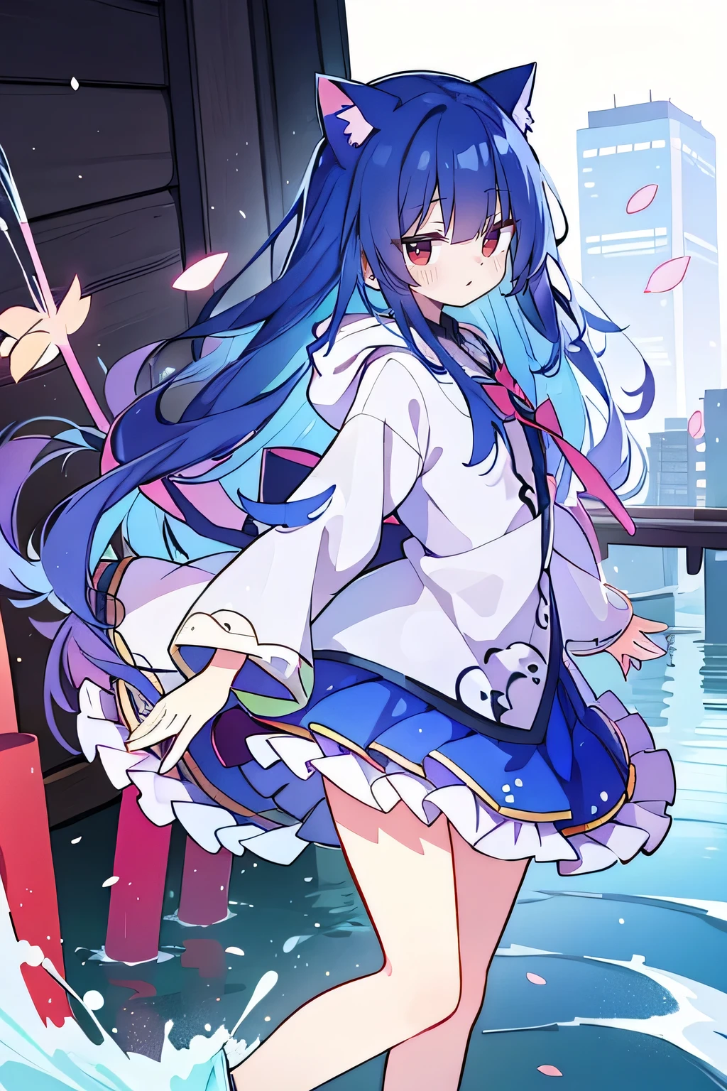 （masterpiece：1.2），Super detailed，lifelike，Expressive eyes，fair skin，perfect face shape，1 girl，
Japanese comics,Gorgeous blue hair,flowing blue hair,flowing clothes,Cat ears,Petals fall,beautiful lola,Baby Angel,
Shaking head with one hand，Cross your legs，Gentle and peaceful background，The pavilion is cool and comfortable,smile, wearing hoodie, background of tokyo,back views,snowing, winter,lie on the water. 
