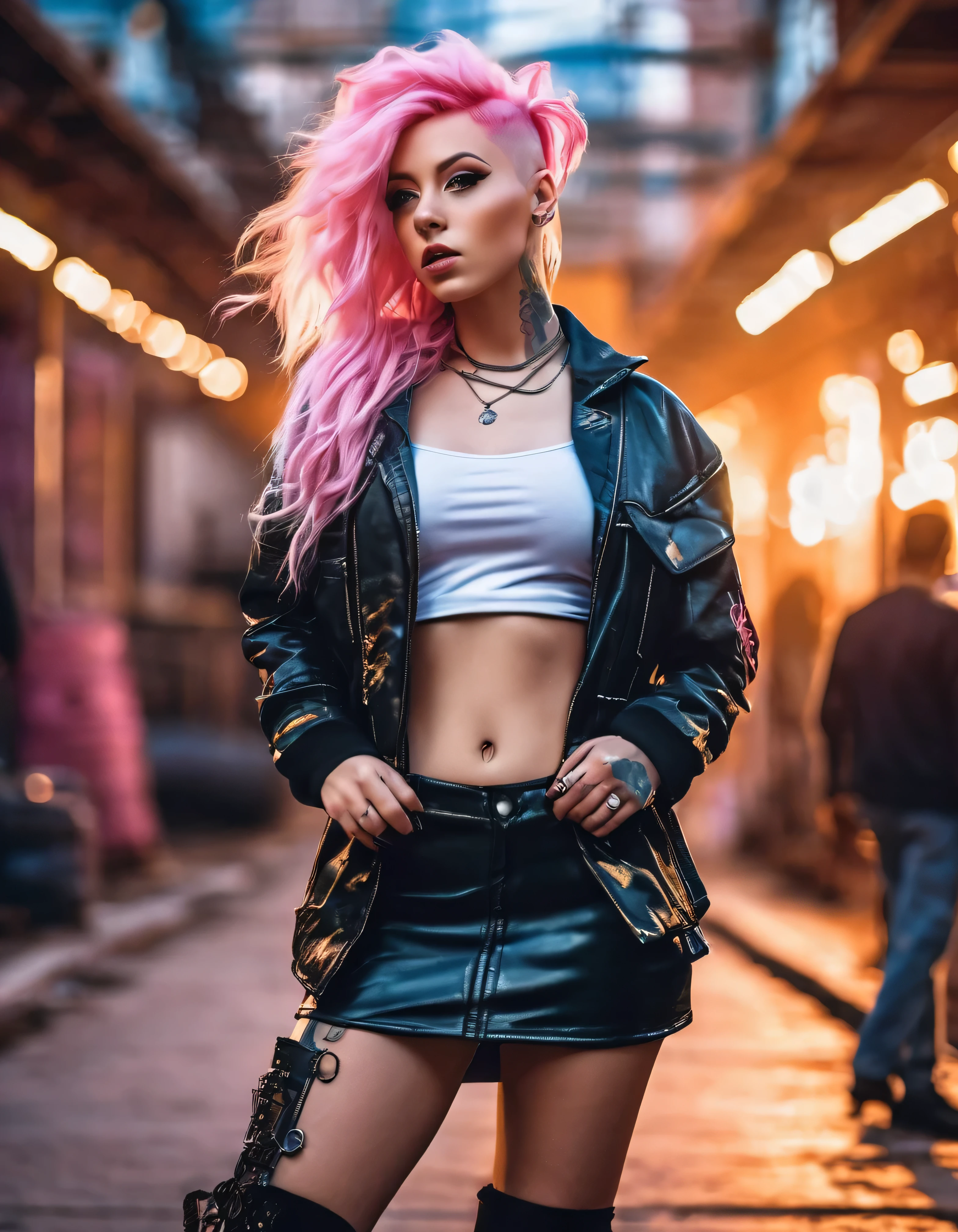 (best quality, Masterpiece, ultra detailed RAW quality), young girl with open jacket skirt, light, standing on a street in a boiler industrial city, perfect girl with pink hair and white extensions, beautiful full body, beautiful abdomen, beautiful open legs, tattoos on legs and abdomen, ((multiple perfect models)). the bright fabric, enveloping globular light,