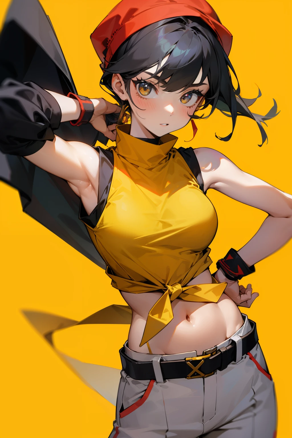 “A girl wearing a grey hat, black hair, a yellow sleeveless t-shirt, a red cloth tied under the chest, white trousers, and a grey belt.”