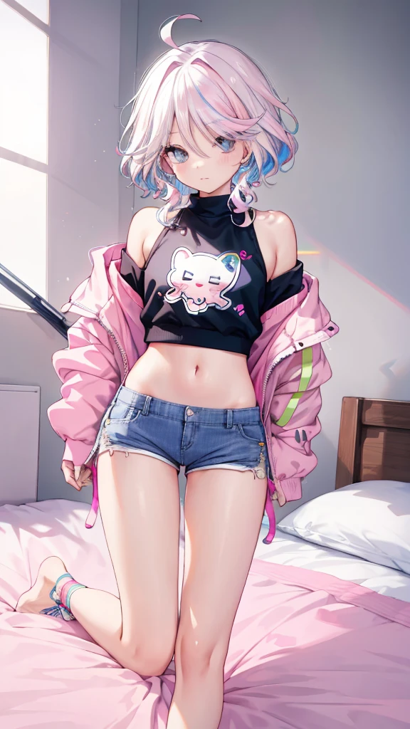 ((best quality,4K,high resolution,masterpiece:1.2)), (whole body:1.2), (Young Girls),(((Love Hotels)))、Contempt、 、Pink and black hoodie、1 Girl, Black Hair, long hair, Sleep, Light Particles, wallpaper, Extra short hot pants，A young girl lies flat on the bed in the bedroom, hugging her knees and showing a cute expression in the sun. Close-up，
slim body, perfect body, an anime printed super tight off shoulder long sleeve crop top, wearing super tight anime print micro shorts, a super aesthetic transparent mini jacket, beautiful hair ornament, pink jordan tennis, being photographed in a mall shop,( undressing, taking off micro shorts, showing neon pink panties, showing thong: 1.5)，Denim short, clear and beautiful face、(Cute illustrations:1.2), High resolution, Extremely detailed, For the audience，