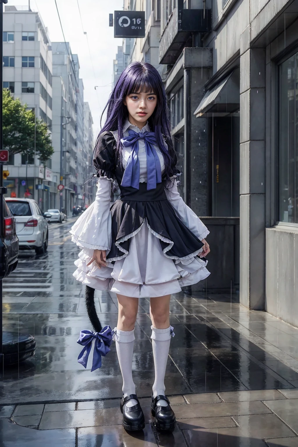 (masterpiece),best quality, frederica bernkastel,dress, tail bow, cat tail, bowtie, purple eyes, purple hair,mary janes, socks, blank eyes, empty eyes, (raining day:1.2), cloud, street, sidewalk, wet clothes, photorealistic, ((16k photography)), detailed face, ((Best Quality, Masterpiece: 1.3)), Sharp Focus: 1.2, A Beautiful Woman with Perfect Figure: 1.4, Slim Abs: 1.2, (Layered Hairstyle,: 1.2)), Rain: 1.3, Street: 1.2, Wet Body: 1.1, Highly Detailed Face and Skin Texture, Detailed Eyes, Double Eyelids, Big Breasts, Smile, irene1, CGI photography hyper realistic