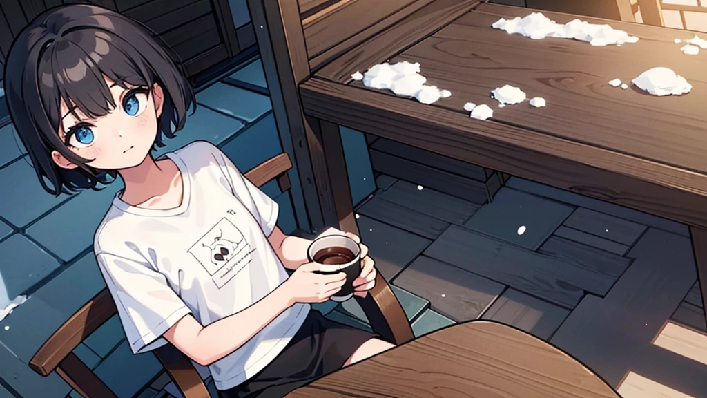 1girl, solo, blue eyes, (detailed eyes), flat chest, short hair, black hair, ((white t-shirt)), simple t-shirt, black skirt, black socks, upper body, ((masterpiece, illustration, best quality)) sitting on a chair in the balcony of a wooden cabin house while their is a hot cup of hot chocolate on a table beside her while it's snowing