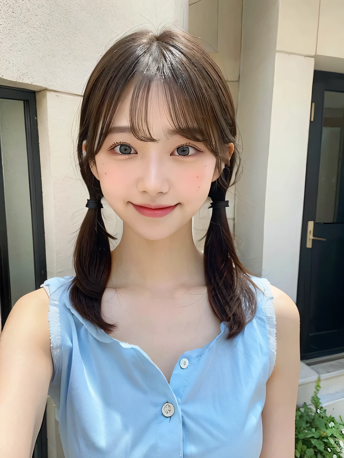 One person、14 years old、Full body photo、Twin tails、slender、woman、White drool coming out of the mouth、smile、Very short hairstyle、 Fair skin, messy hair, super cute、Soft and Face、8K resolution、Surreal、Ultra high definition、 A-cup small breasts((Highest resolution、8K、masterpiece:1.3))、Ultra-fine face、Ultra Fine Lips、Beautiful Eyes、double eyelid,Sleeveless light blue button-down shirt dress、Thighs、thin,Thighsが見える、Shapely small breasts、