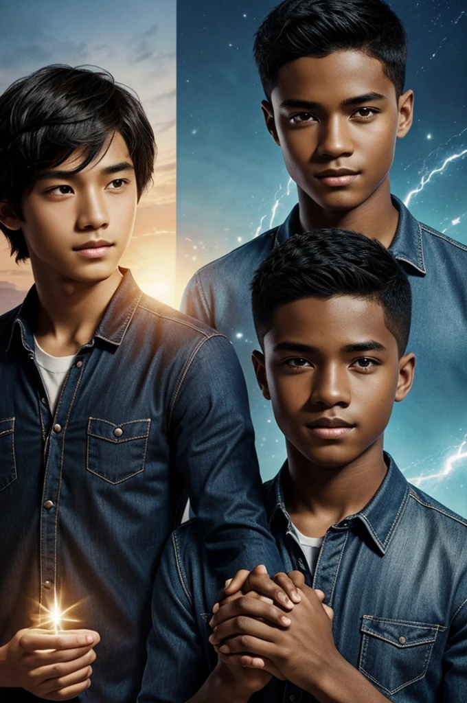 Cover of a book called "Unexpected connections" made by jiafei ft chat gpt. Where the central image is a dark-skinned boy with short Chinese hair thinking about gpt chat holding hands with a light-haired boy, with straight hair similar to dani flow