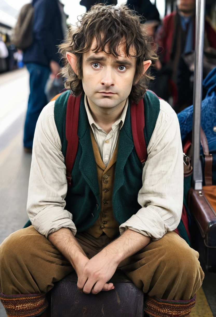 Image of a hobbit with typical hobbit clothing. He is at a train station waiting. he is sitting. His expression is bored