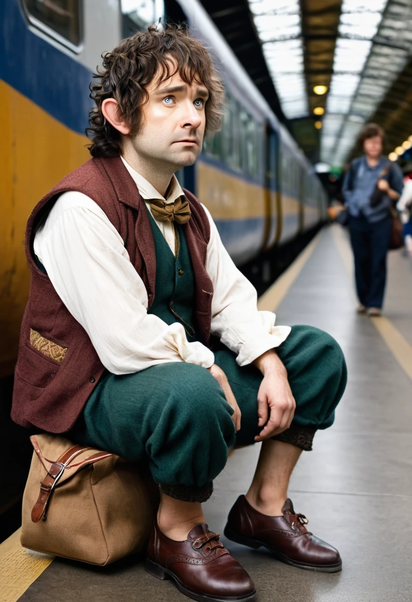 Image of a hobbit with typical hobbit clothing. He is at a train station waiting. he is sitting. His expression is bored