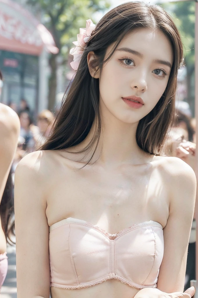 (Extremely meticulous CG),(((8k))),wallpaper,((Extremely refined and beautiful)),(((Masterpiece))),(((best qualtiy))),(((Ultra High Resolution))),realistic shaded,(Smooth and flawless fair skin:1.5),(Extremely exquisite facial details:1.2),(ultra-detailed:1.5),((a beautiful girl,solo)),(shoulder length straight hair:1.3),(small head:1.2),(slender face:1.2),(Exquisite makeup:1.3),(happy:1.2),(laughing:1.2),(perfect body:1.2),(strapless bra:1.5),(small breasts:1.3),(flat chest:1.2),((slim,thin)),(from front:1.3),(at the schoolgate:1.5),(urban landscape:1.3),(outdoor:1.3),(summer:1.3),(day scene:1.3),(afternoon sunshine:1.3),(close-up of face:1.3),(surrounded by crowded crowds:1.5)