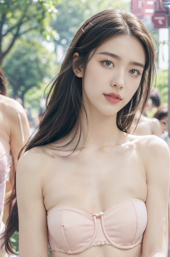 (Extremely meticulous CG),(((8k))),wallpaper,((Extremely refined and beautiful)),(((Masterpiece))),(((best qualtiy))),(((Ultra High Resolution))),realistic shaded,(Smooth and flawless fair skin:1.5),(Extremely exquisite facial details:1.2),(ultra-detailed:1.5),((a beautiful girl,solo)),(shoulder length straight hair:1.3),(small head:1.2),(slender face:1.2),(Exquisite makeup:1.3),(happy:1.2),(laughing:1.2),(perfect body:1.2),(strapless pink bra:1.5),(small breasts:1.3),(flat chest:1.2),((slim,thin)),(from front:1.3),(at the schoolgate:1.5),(urban landscape:1.3),(outdoor:1.3),(summer:1.3),(day scene:1.3),(afternoon sunshine:1.3),(close-up of face:1.3),(surrounded by crowded crowds:1.5)