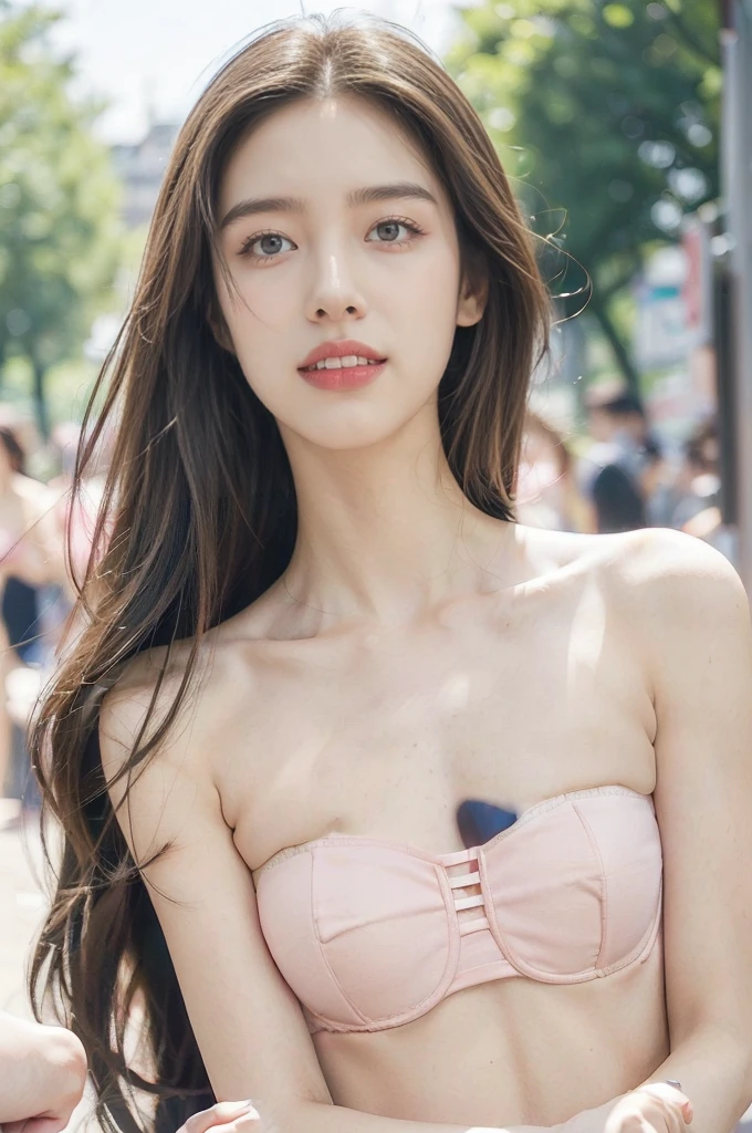 (Extremely meticulous CG),(((8k))),wallpaper,((Extremely refined and beautiful)),(((Masterpiece))),(((best qualtiy))),(((Ultra High Resolution))),realistic shaded,(Smooth and flawless fair skin:1.5),(Extremely exquisite facial details:1.2),(ultra-detailed:1.5),((a beautiful girl,solo)),(shoulder length straight hair:1.3),(small head:1.2),(slender face:1.2),(Exquisite makeup:1.3),(happy:1.2),(laughing:1.2),(perfect body:1.2),(strapless pink bra:1.5),(small breasts:1.3),(flat chest:1.2),((slim,thin)),(from front:1.3),(at the schoolgate:1.5),(urban landscape:1.3),(outdoor:1.3),(summer:1.3),(day scene:1.3),(afternoon sunshine:1.3),(close-up of face:1.3),(surrounded by crowded crowds:1.5)