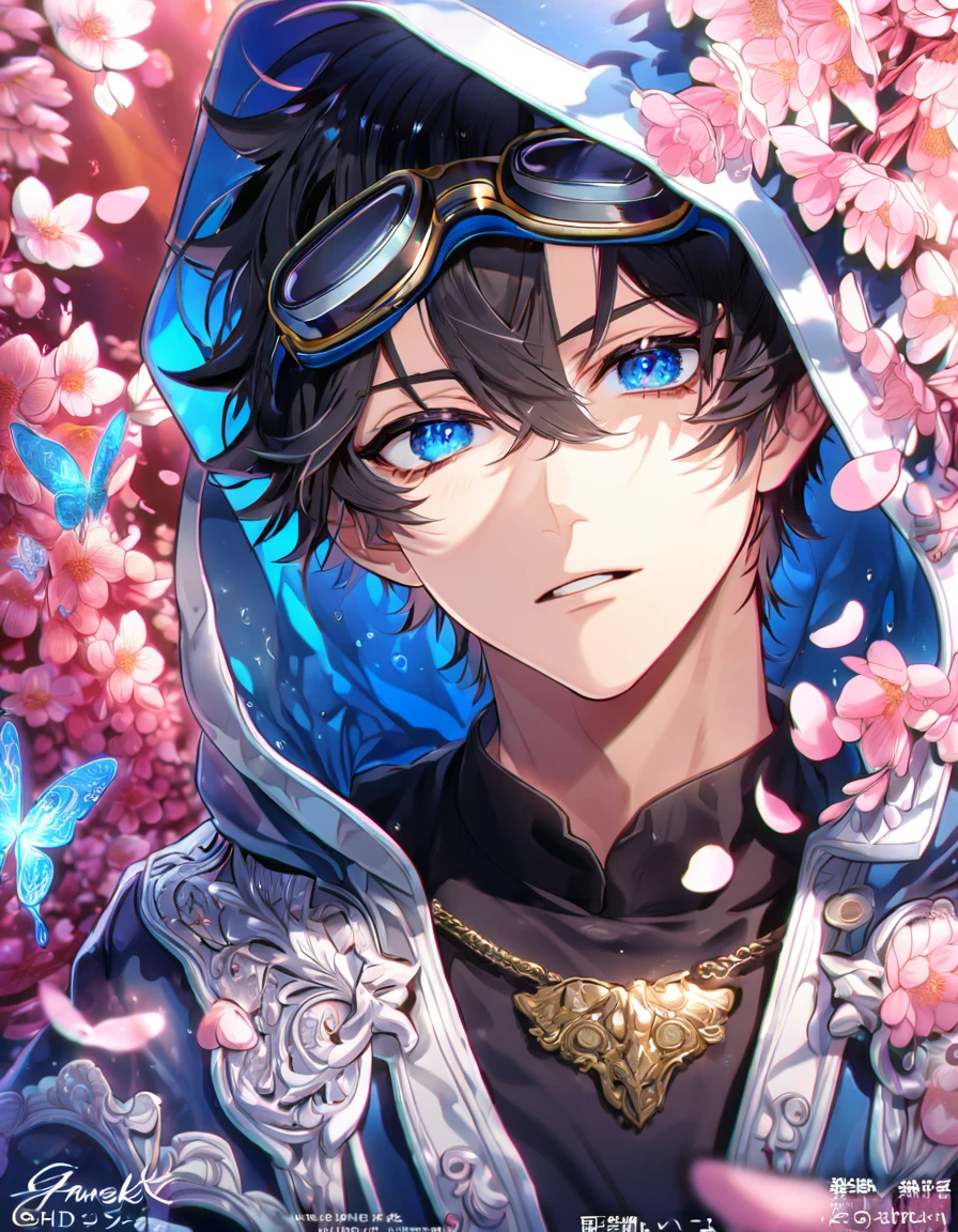 absurdres, highres, ultra detailed, HDR, master piece, best quality, Gareki, messy hair, black hair, hair between the eyes, expressive blue eyes, Karneval, solo, sexy man, handsome, black shirt, a hooded blue coat, a pair of black goggles on the forehead, fantasy, shining, pink flowers, pink blossoms, pink butterflies, pink petals, water,