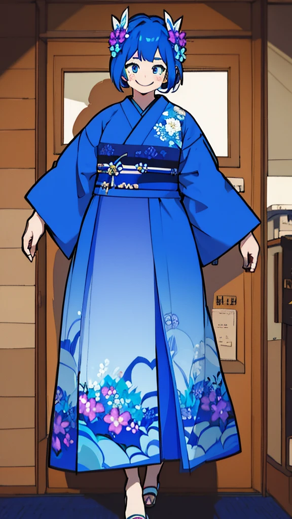 Girl, blue hair, blue eyes, short hair, flowers earrings, freckles, big , blue kimono, thicc, standing, smiling.