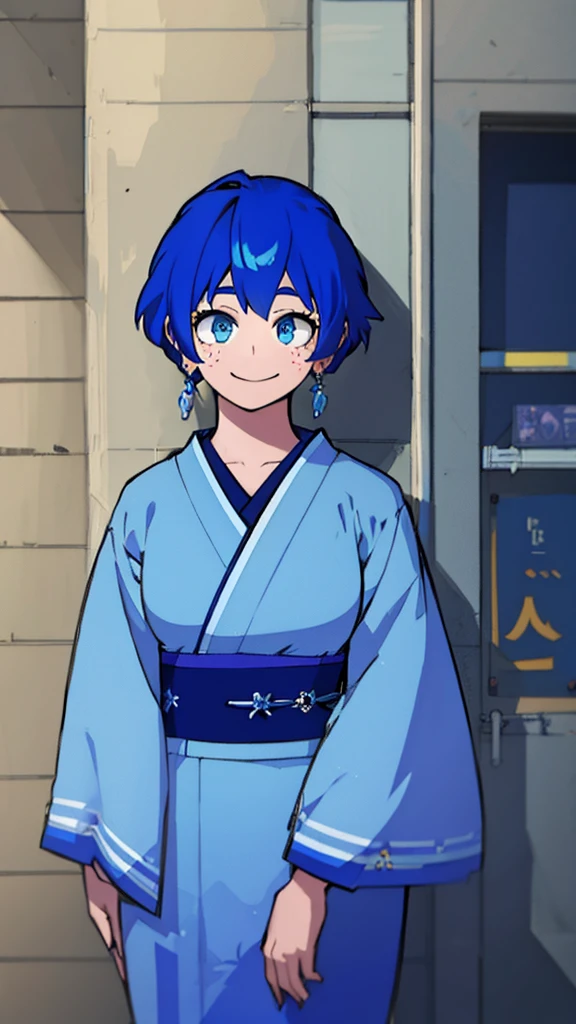 Girl, blue hair, blue eyes, short hair, flowers earrings, freckles, big , blue kimono, thicc, standing, smiling.
