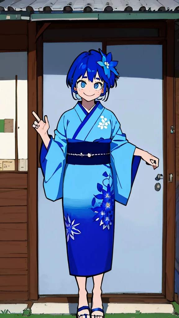 Girl, blue hair, blue eyes, short hair, flowers earrings, freckles, big  , blue kimono, thicc, standing, smiling.