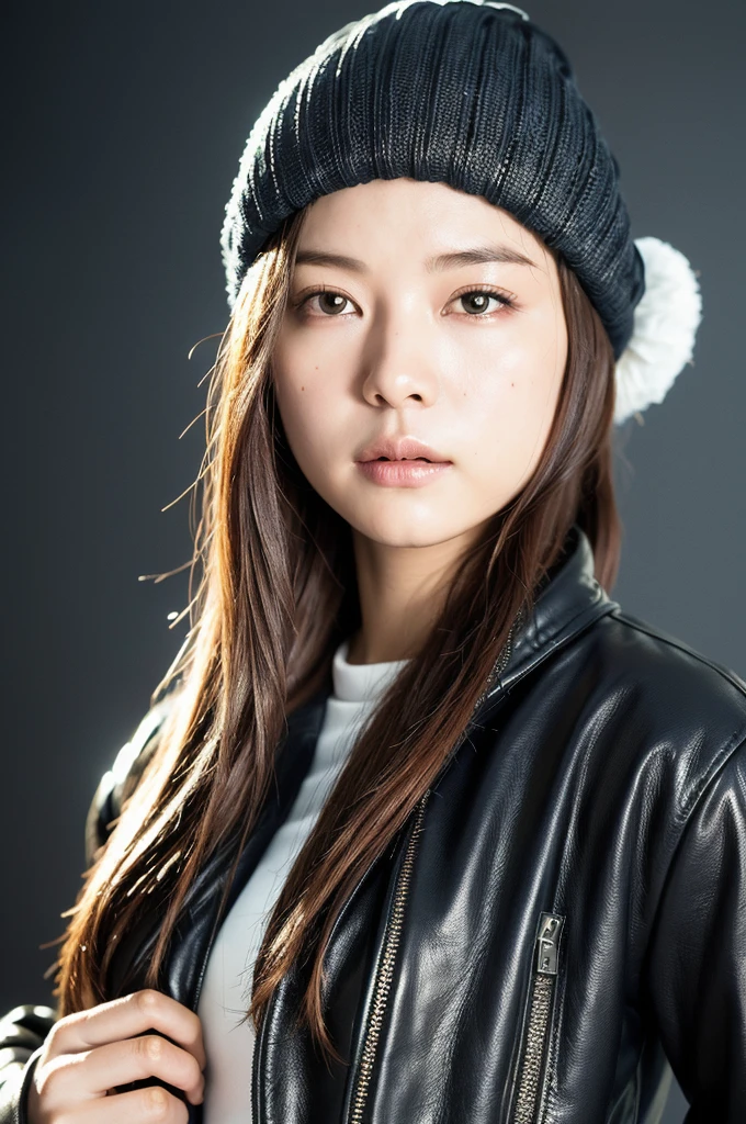 (
(8k:1.27), best quality, masterpiece, ultra highres:1.2) Photo of Pretty Japanese woman
(beautiful:1.1) (sci-fi warrior woman:1.1) space soldier, (beanie:1.61) (leather jacket:1.21) intricate elegant, fantasy, detailed, ometric by greg rutkowski and alphonse mucha, gradient lighting