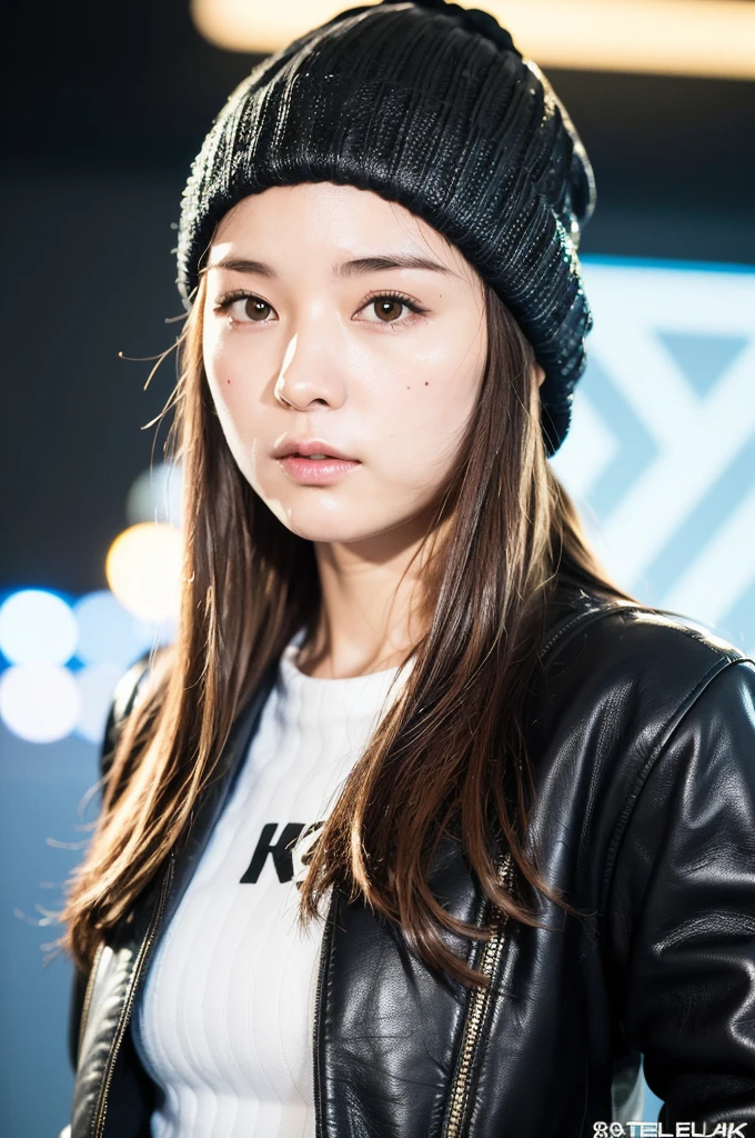 (
(8k:1.27), best quality, masterpiece, ultra highres:1.2) Photo of Pretty Japanese woman
 (beautiful:1.1) (sci-fi warrior woman:1.1) space soldier, (beanie:1.61) (leather jacket:1.21) intricate elegant, fantasy, detailed, ometric by greg rutkowski and alphonse mucha, gradient lighting
