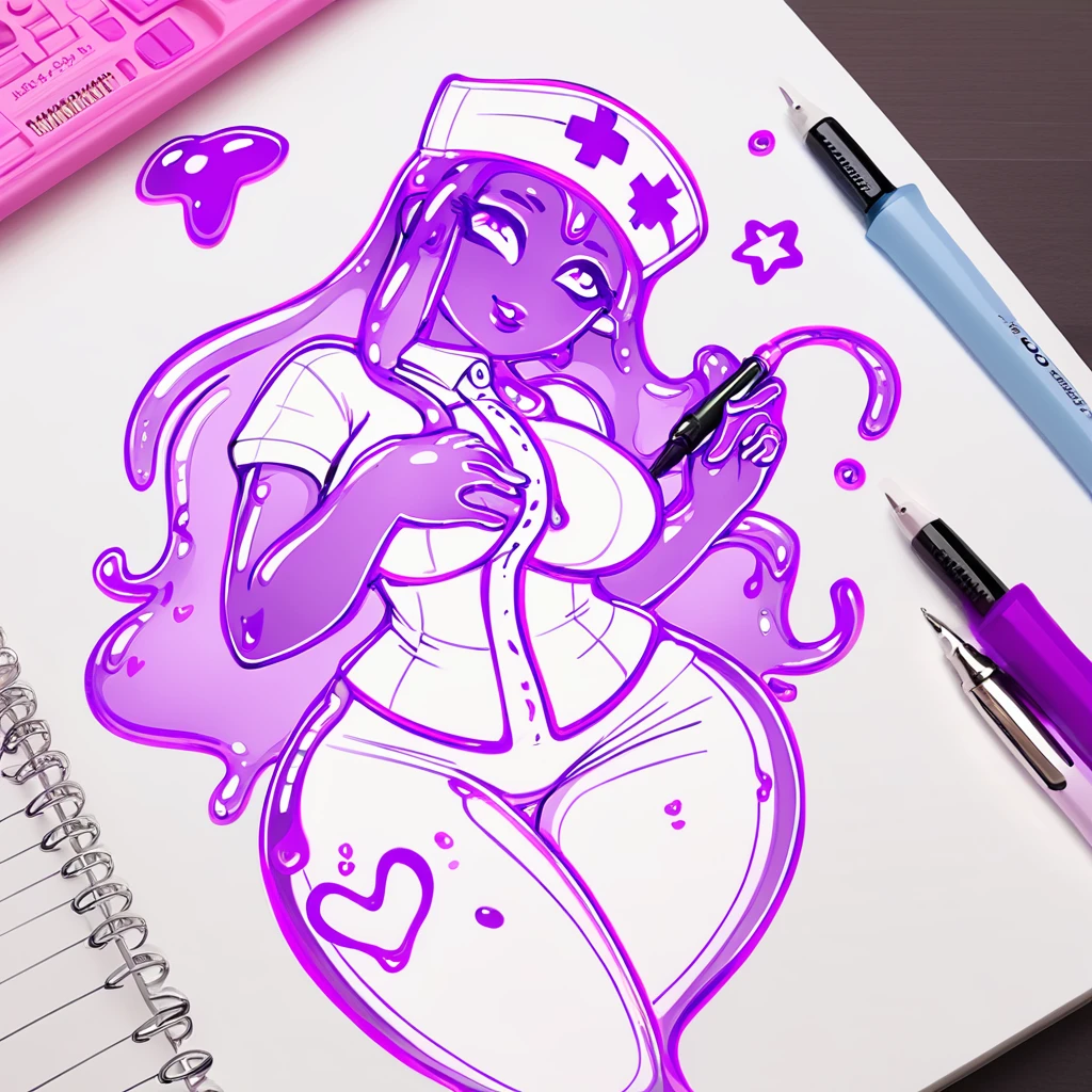 Slime Girl with violet skin and dressed in a nurses outfit stamping out bacteria to make the world abacterial in gel pen art style