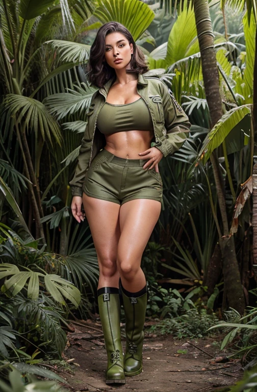 55 years old army woman, shorts, open jacket with crop top, attitude pose, voluptuous body, slim waist, large breasts, thick bust, thick thighs, full body, bob length hair, sweating, in jungle, green boots