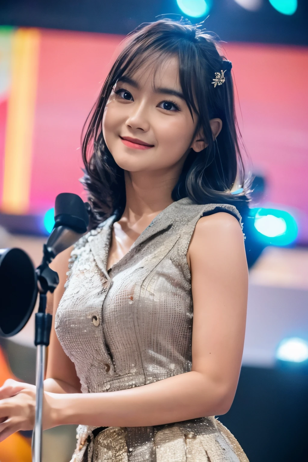 freya from JKT48, idol, indonesian girl, ash gray hair, no wear, in the stage, close up, looking at camera, cinematic, sharp lense, professional photographie, 70mm lense, soft light, colorful background, 4k, naked, full body, sexy, big