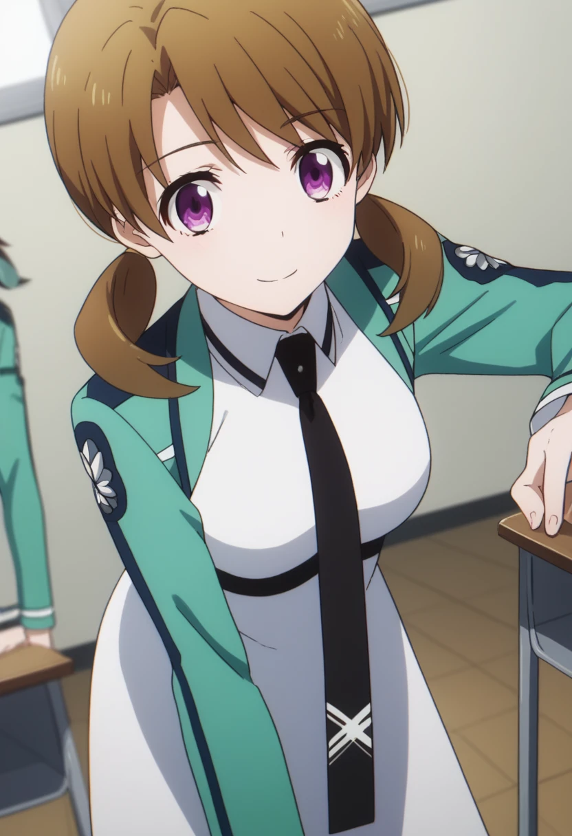 score_9, score_8_up, score_7_up, source_anime,
honokamitsui, honoka mitsui,
bangs, brown hair, twintails, low twintails, purple eyes,
long sleeves, dress, white dress, necktie, black necktie, pantyhose,
solo, dutch angle, looking at viewer, cowboy shot, bent over, smile,
indoors, classroom,