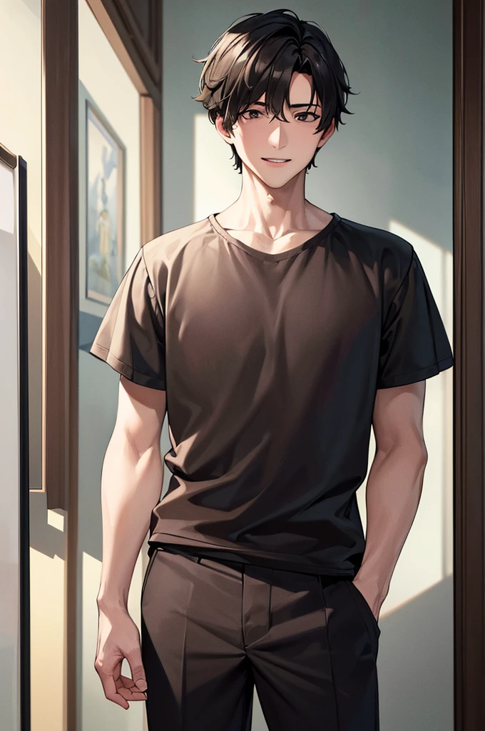 masterpiece, best quality, masterpiece, best quality, masterpiece, best quality, masterpiece, best quality, high quality,high detail, ultra detail, Uhd, 4k,4280x2240, depth field, (hdr:1.9), correct anatomy, a boy masculine with short hair black hair abundant brown eyes with complete spring outfit smile