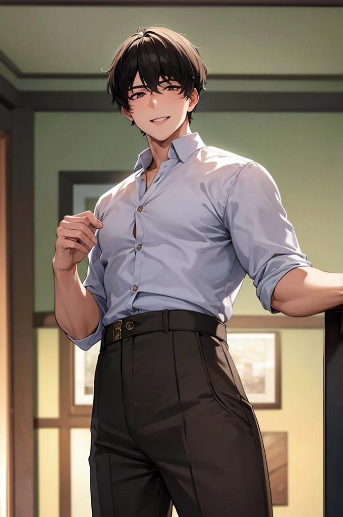 masterpiece, best quality, masterpiece, best quality, masterpiece, best quality, masterpiece, best quality, high quality,high detail, ultra detail, Uhd, 4k,4280x2240, depth field, (hdr:1.9), correct anatomy, a boy masculine with short hair black hair abundant brown eyes with complete spring outfit smile