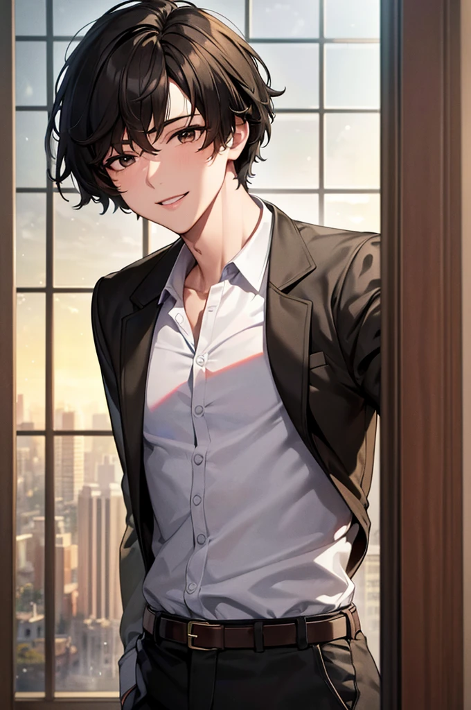 masterpiece, best quality, masterpiece, best quality, masterpiece, best quality, masterpiece, best quality, high quality,high detail, ultra detail, Uhd, 4k,4280x2240, depth field, (hdr:1.9), correct anatomy, a boy masculine with short hair black hair abundant brown eyes with complete spring outfit smile