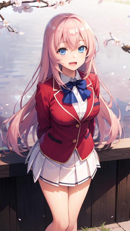 masterpiece, best quality, highres, aahonami, long hair, Blonde pink hair, blue eyes, , blue bowtie, blazer, red jacket, long sleeves, pleated skirt, white skirt, arms behind back, smile, open mouth, leaning forward, standing, cherry blossoms,