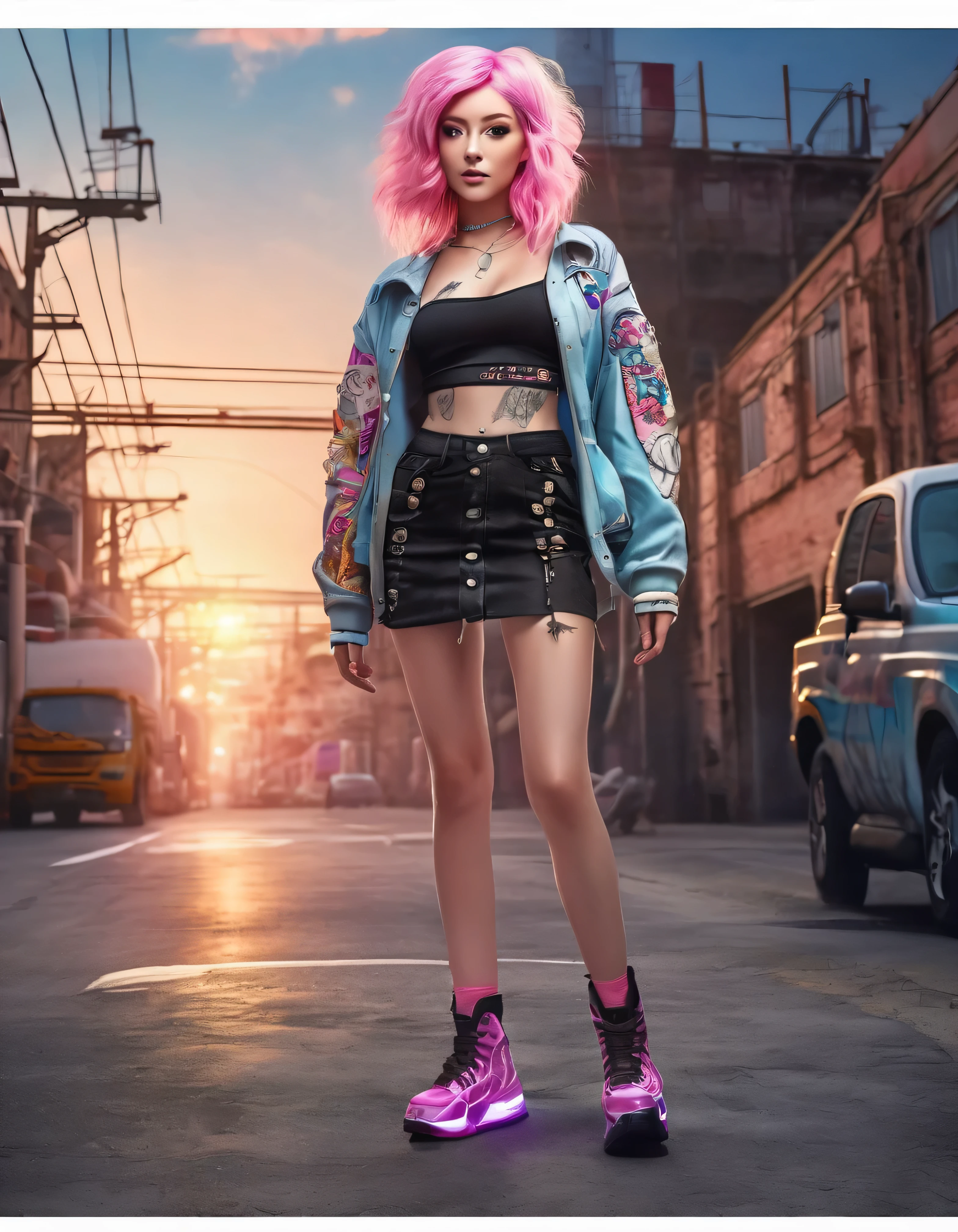 (best quality, Masterpiece, ultra detailed RAW quality), young girl with open jacket skirt, light, standing on a street in a boiler industrial city, perfect girl with pink hair and white extensions, beautiful full body, beautiful abdomen, beautiful open legs, tattoos on legs and abdomen, ((multiple perfect models)). the bright fabric, enveloping globular light,