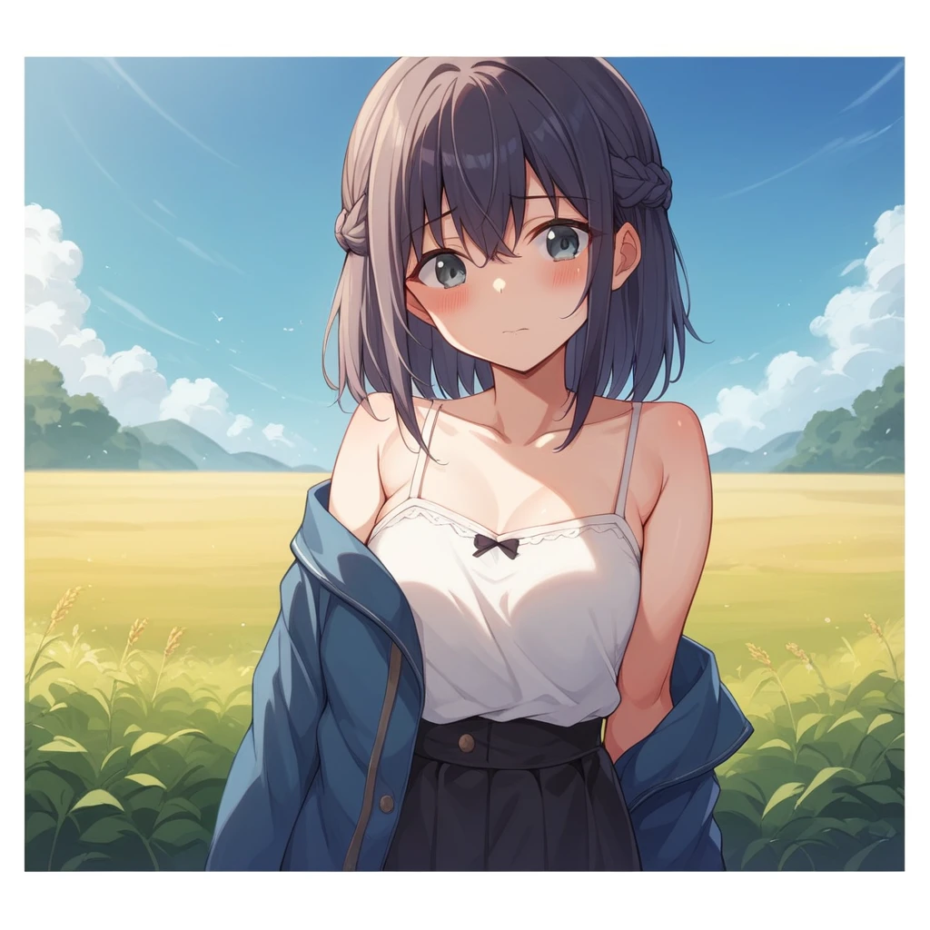 One Woman、Cute face、Also々New Expressions、Japanese、Attractive eyes、Chestnut mesh hair:1.5、French Braid、18-year-old、Grey Eyes、Camisole dress、Blue outerwear、Outdoor、Alsoとした佇まい、Wheat field