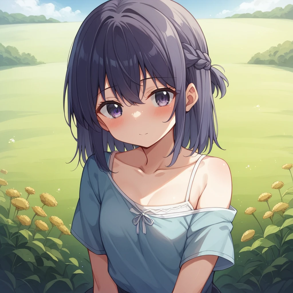 One Woman、Cute face、Also々New Expressions、Japanese、Attractive eyes、Chestnut mesh hair:1.5、French Braid、18-year-old、Grey Eyes、Camisole dress、Blue outerwear、Outdoor、Alsoとした佇まい、Wheat field