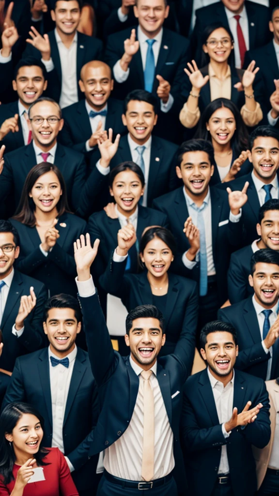 A large group of people happy because of technology with two successful giving speech 